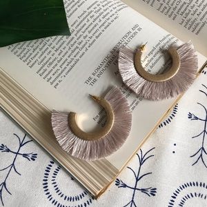 “Celia” Open hoop Cotton tassel earring dark ivory